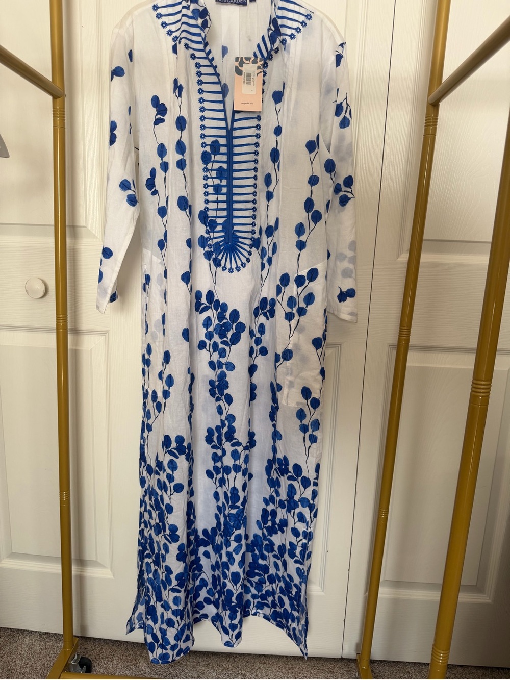 Blue & White Embroidered Maxi Dress - Lightweight Floral Tunic